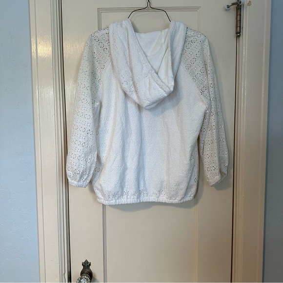Tory Burch Jacket Zip Up Hoodie White Eyelet Elastic Waist Sheer Sleeves Size M - Picture 3 of 13